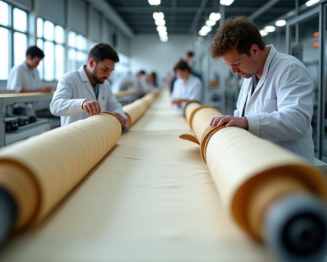 Workers inspecting high-grade mattress fabric quality