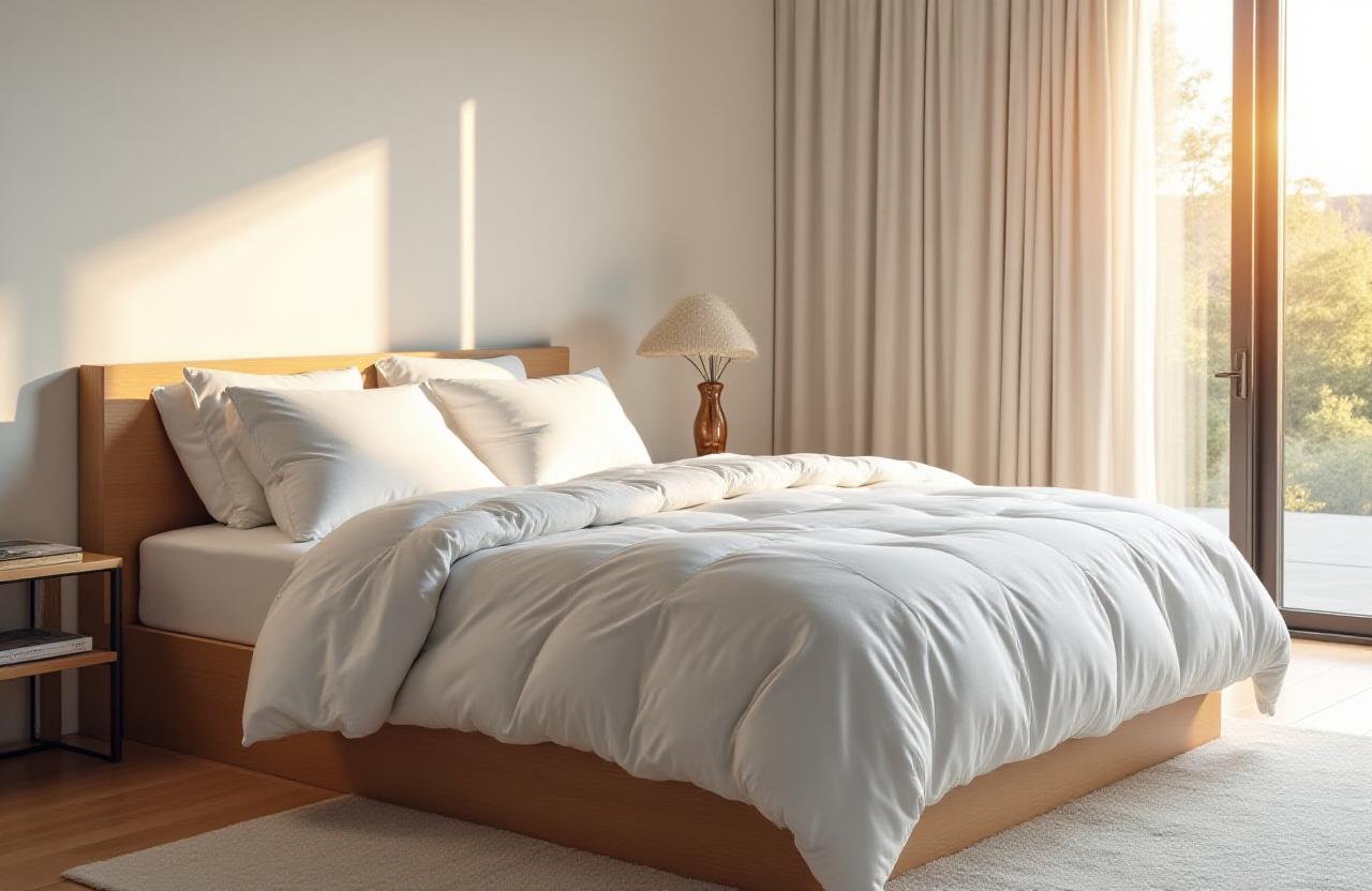 Modern luxury bed with crisp white bedding in a sunlit architectural bedroom